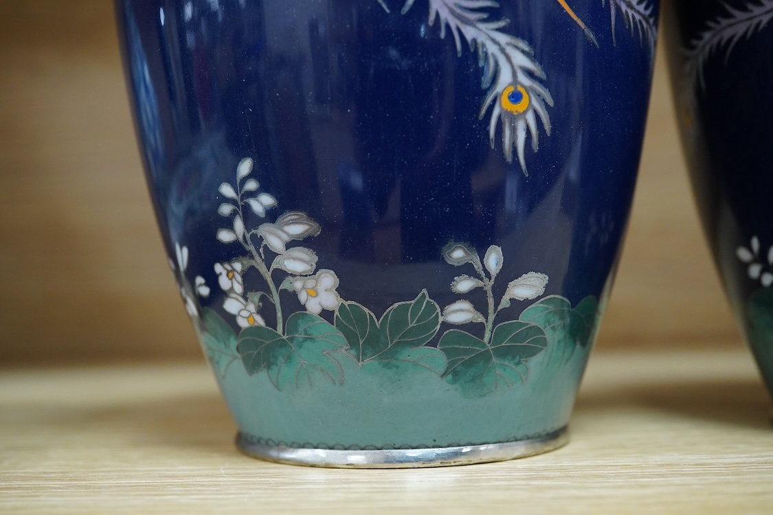 A pair of Japanese silver wirework cloisonné ‘phoenix’ vases, Meiji period (1868 - 1912), 18cm